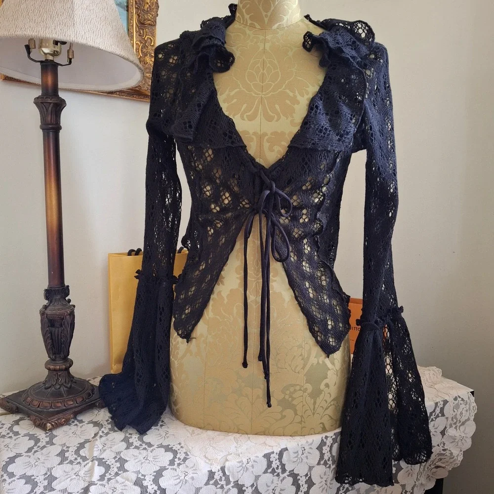 Urban Outfitters Black Crochet Tie Cardigan Bell Sleeve Large WhimsyGoth Boho